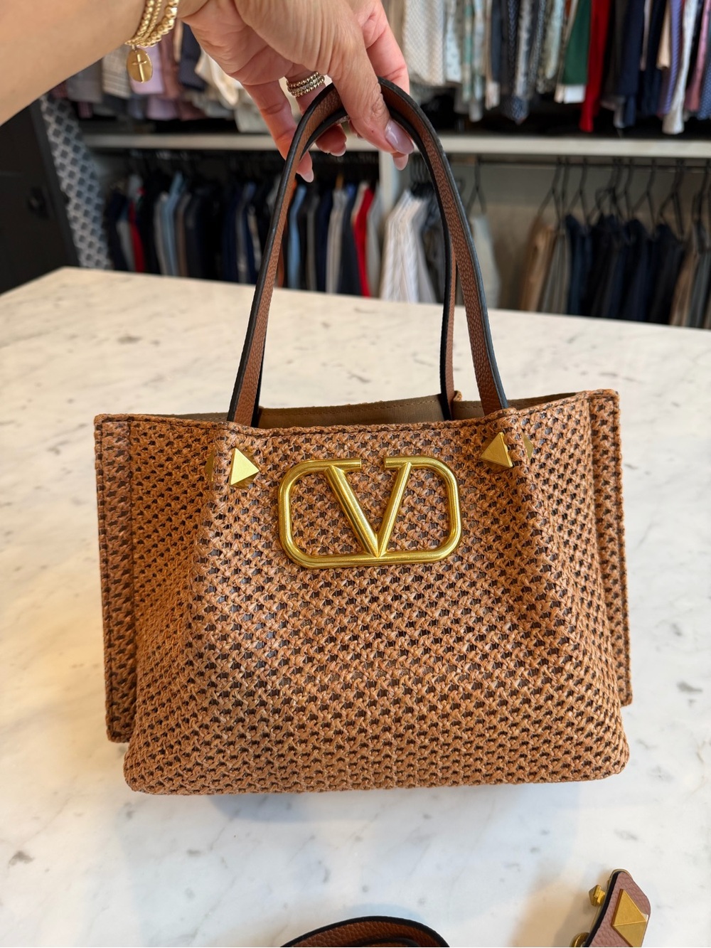 NotValentino Garavani Brown Woven VLogo Tote with Gold Hardware